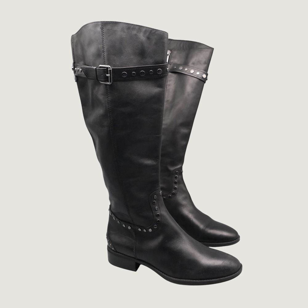 Sam Edelman Paxton Knee High Studded Moto Boots 9M-WC Black Leather Wide Calf